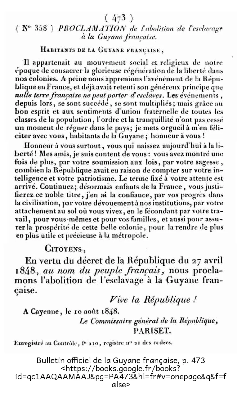 Proclamation de l'abolition de l'esclavage à la Guyane française en 1848.