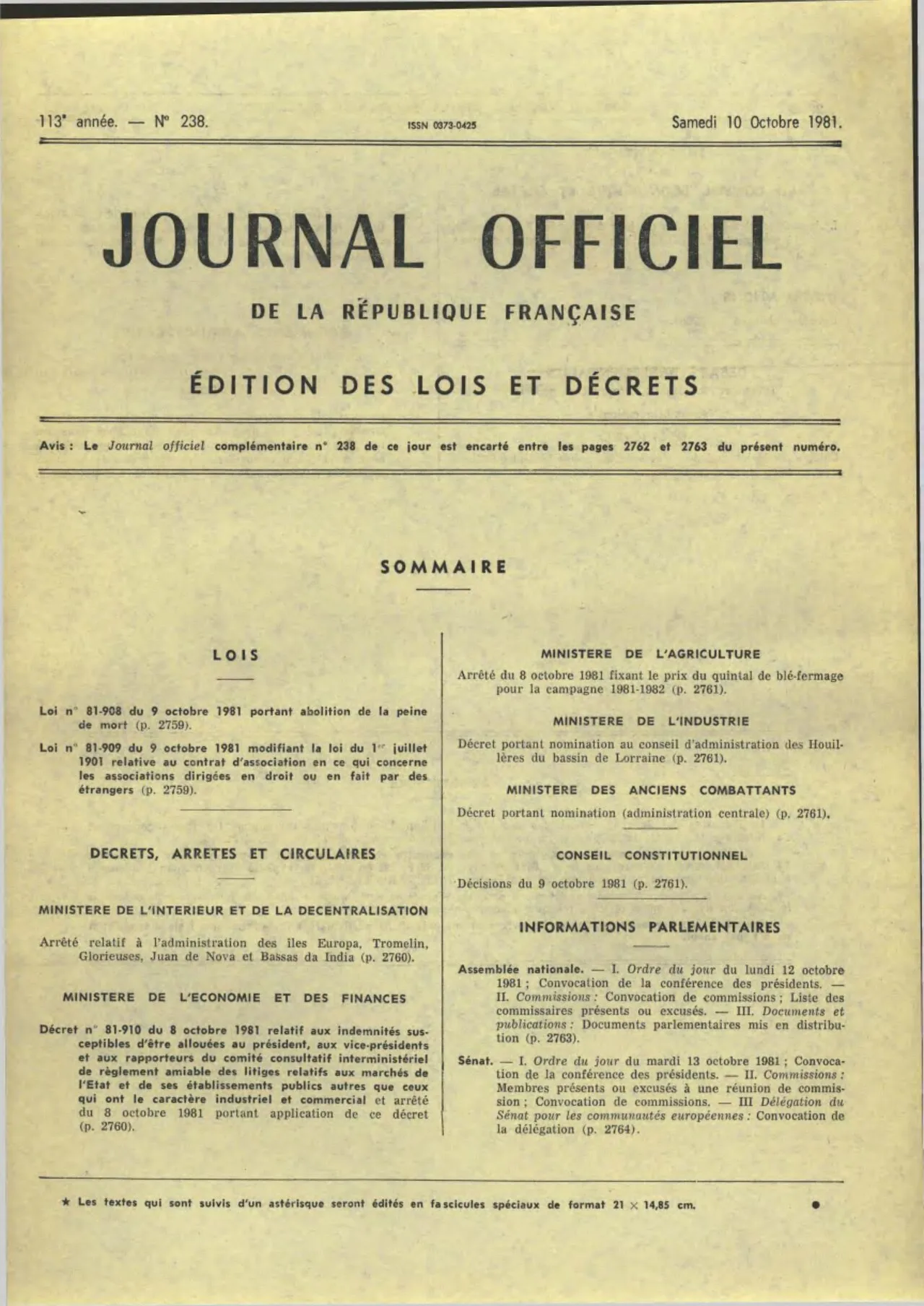 Journal officiel publiant la loi d’abolition de la peine de mort, 10 octobre 1981.