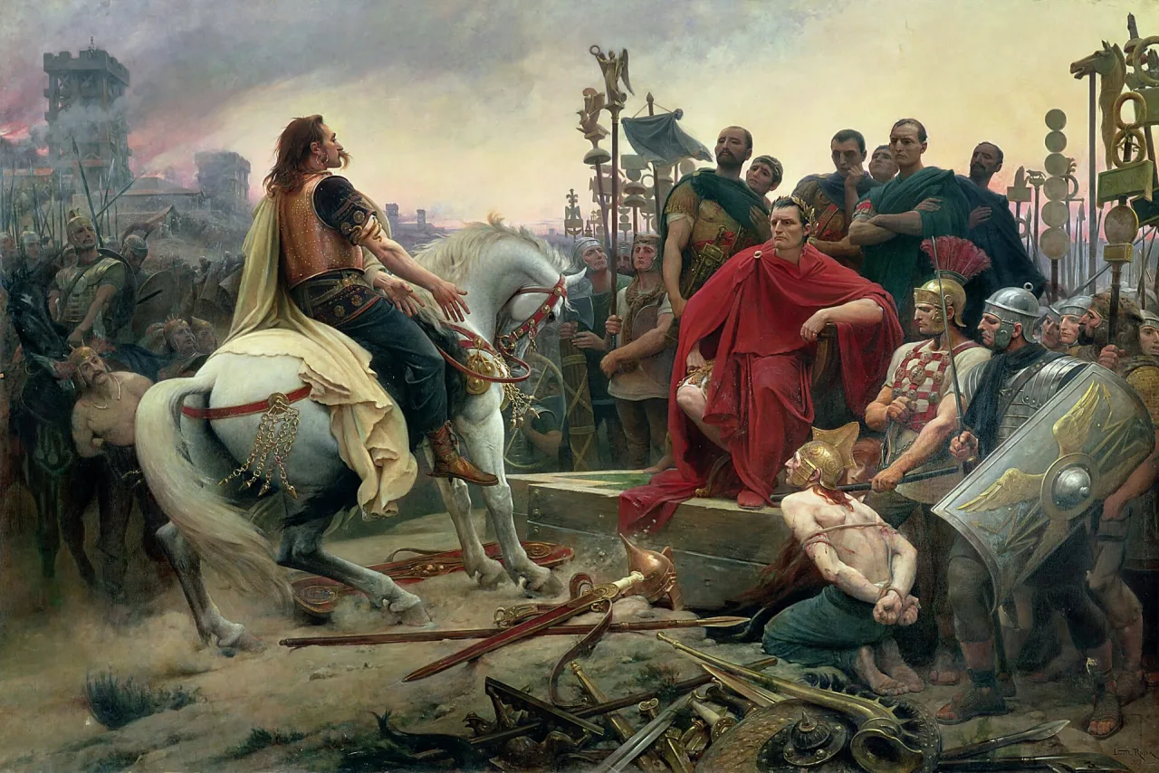 Vercingétorix jette ses armes aux pieds de Jules César, peinture de Lionel Royer (1899).