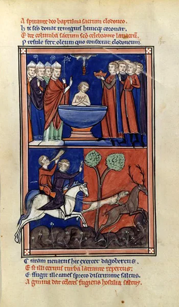Le baptême de Clovis par saint Remi, miniature des Grandes Chroniques de France.