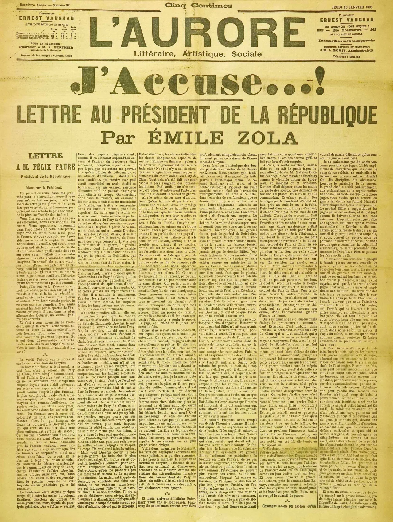 Une complète de L'Aurore du 13 janvier 1898.