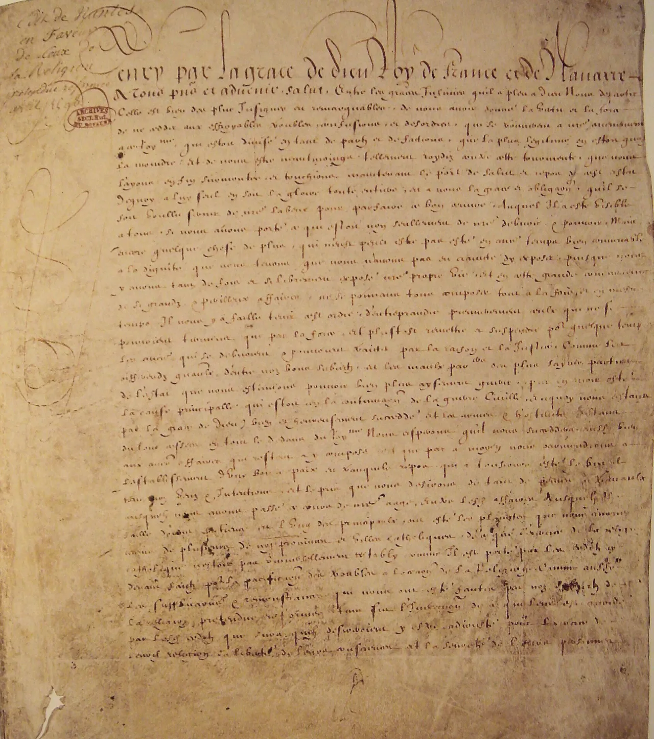 Première page de l'édit de Nantes, avril 1598.