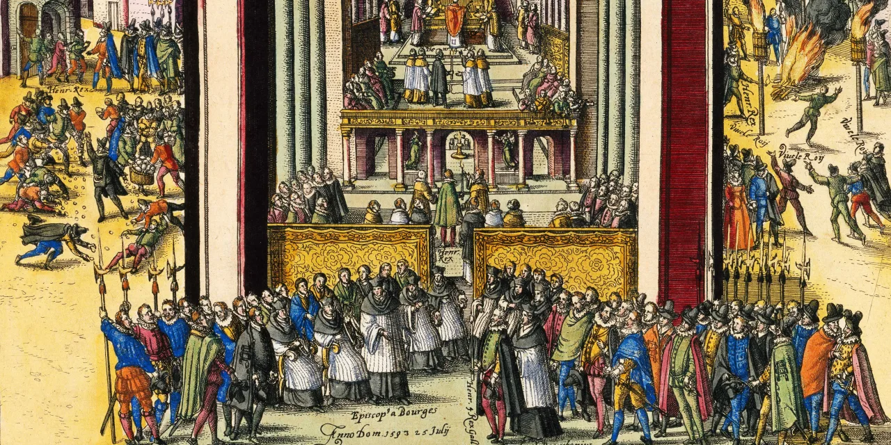 Gravure coloriée représentant le sacre d'Henri IV à Chartres en 1594, foule, clergé et cortège royal.