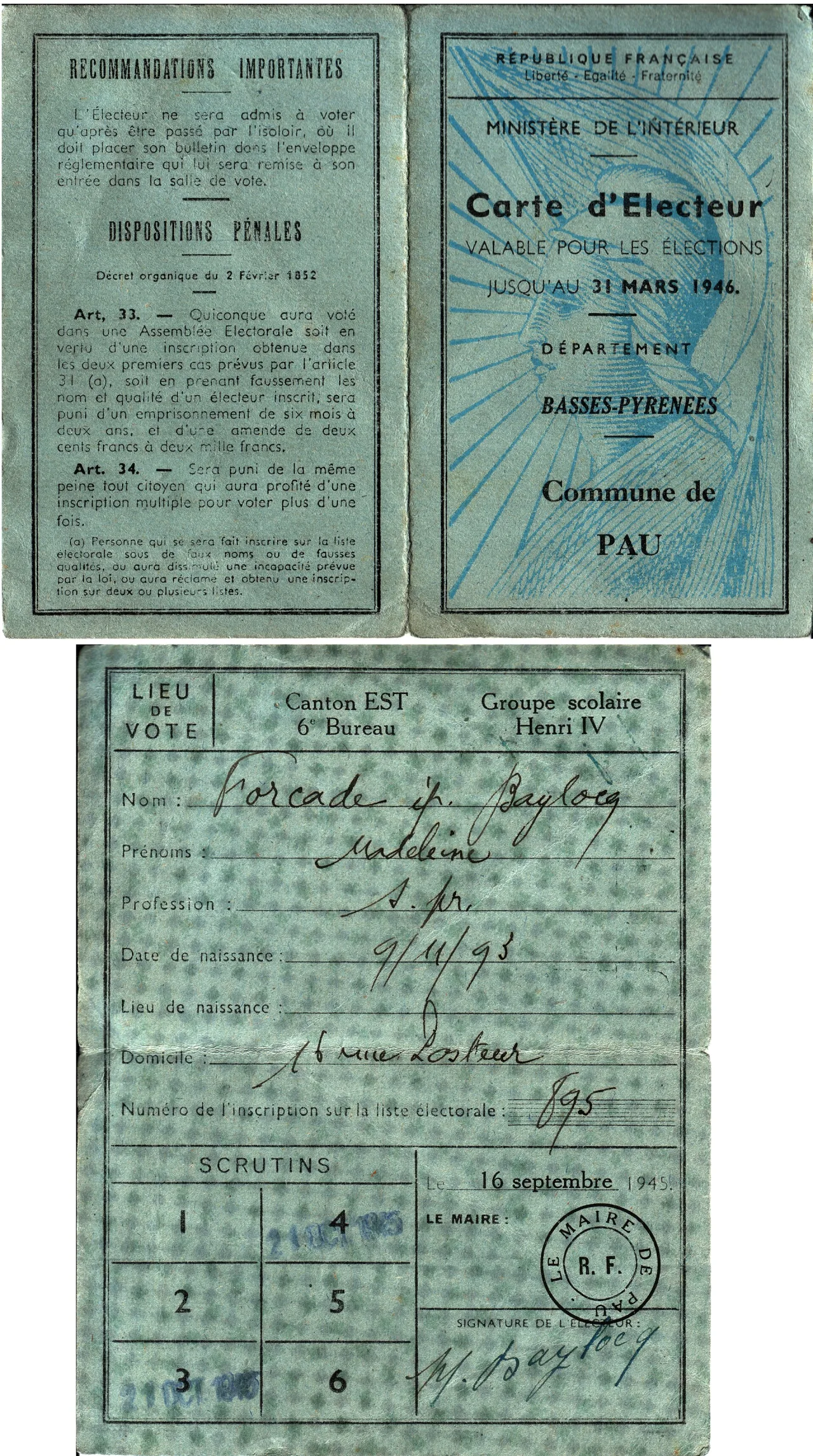 Carte d’électeur d’une Française en 1945.