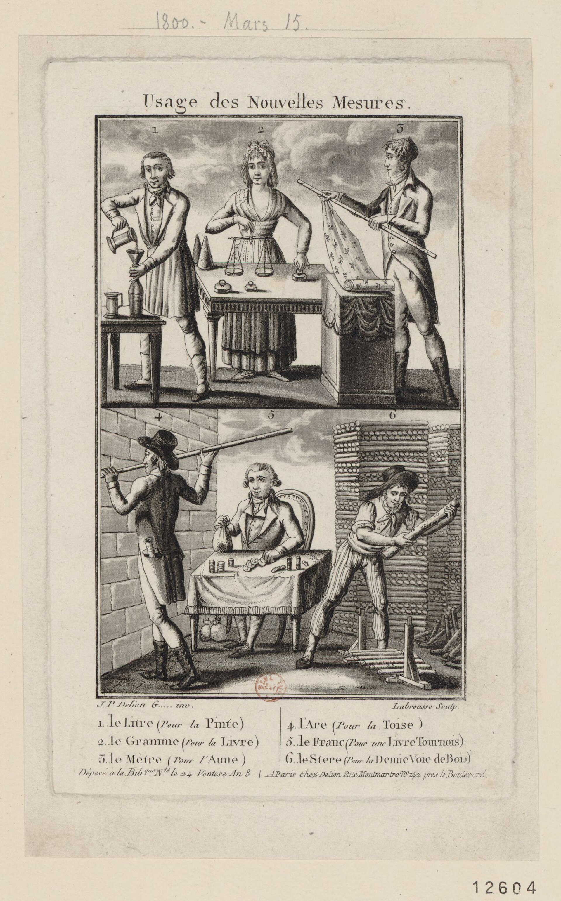 Usage des Nouvelles Mesures, estampe pédagogique du système métrique, 1800.