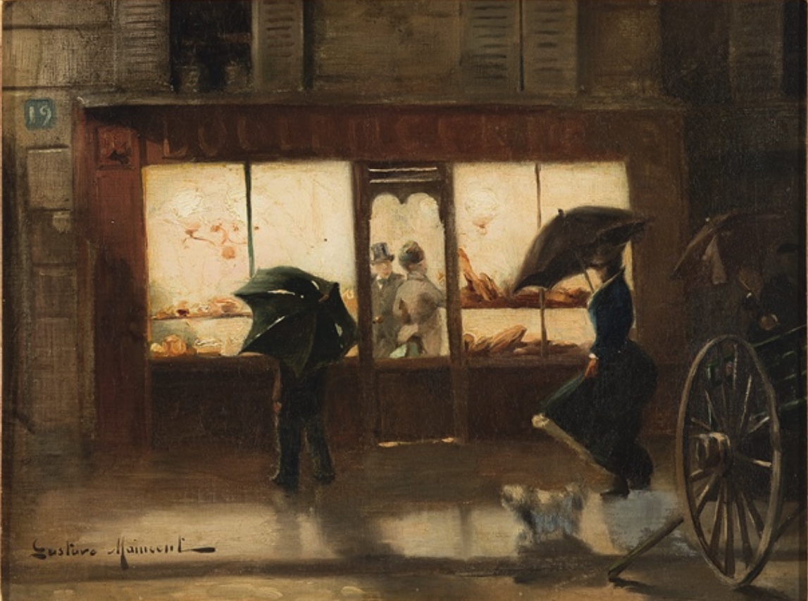 Devanture illuminée d'une boulangerie parisienne, la nuit sous la pluie : la vitrine pleine de pains éclaire la rue, peinture de Gustave Maincent.