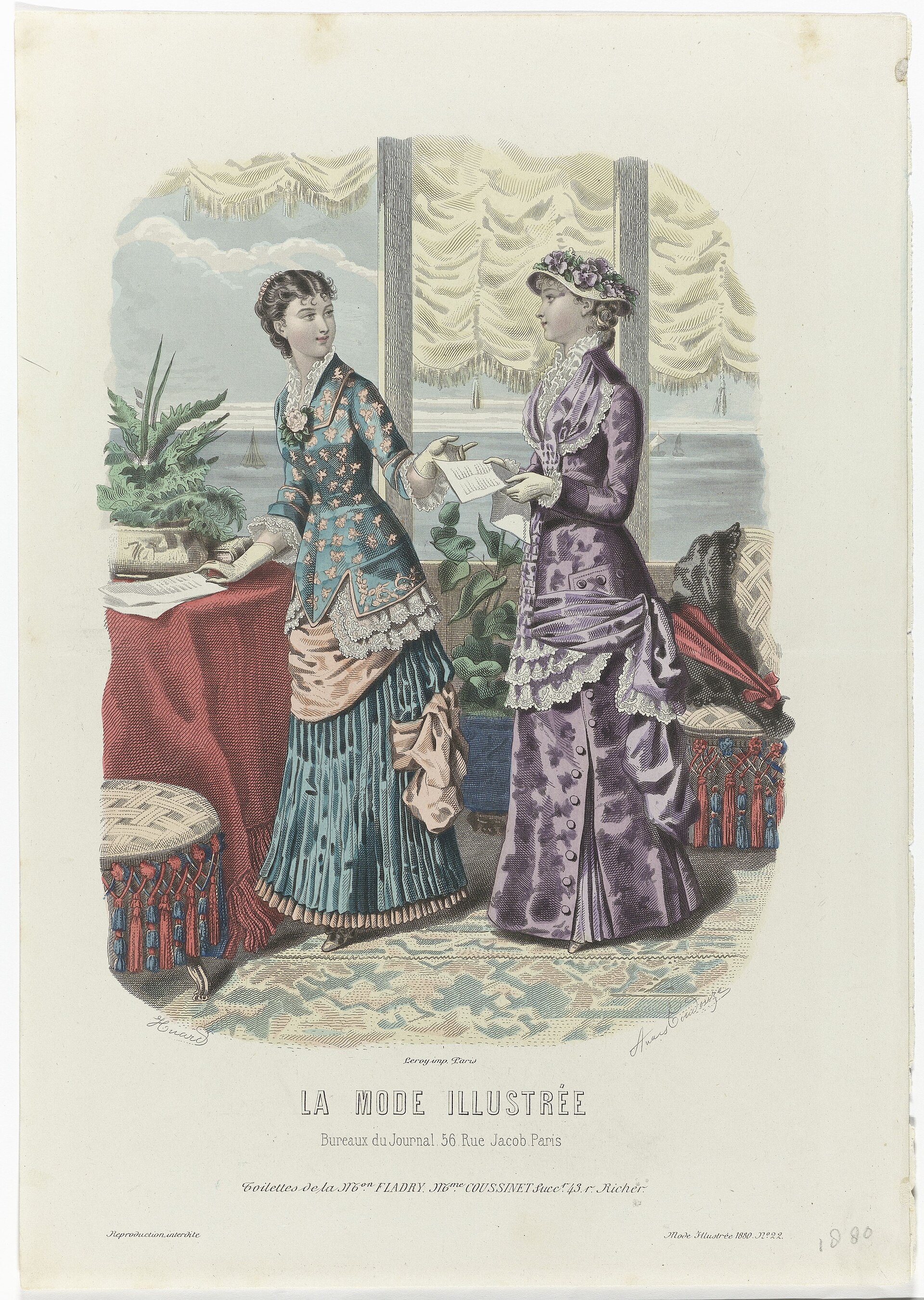 Gravure de mode coloriée à la main : deux femmes en toilettes à tournure de la maison Fladry, planche de La Mode illustrée, 1880.